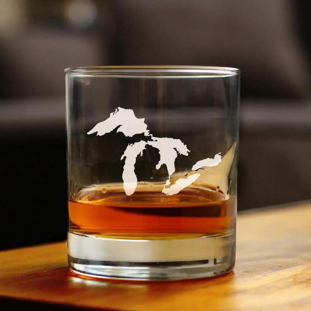 Etched Rocks Glass | 10.25 oz Whiskey Glass | Dishwasher Safe | Great Lakes Map