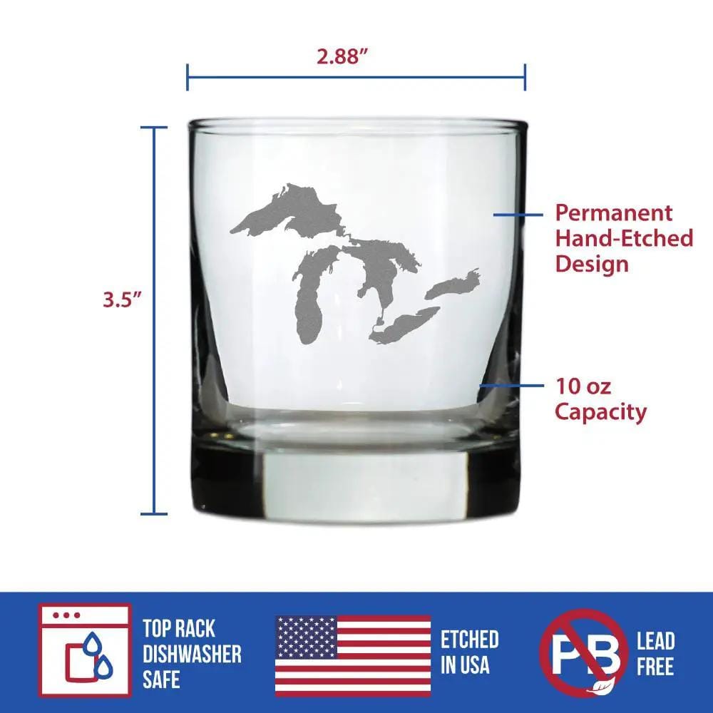 Etched Rocks Glass | 10.25 oz Whiskey Glass | Dishwasher Safe | Great Lakes Map