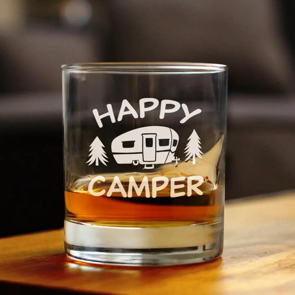Etched Rocks Glass | 10.25 oz Whiskey Glass | Dishwasher Safe | Happy Camper