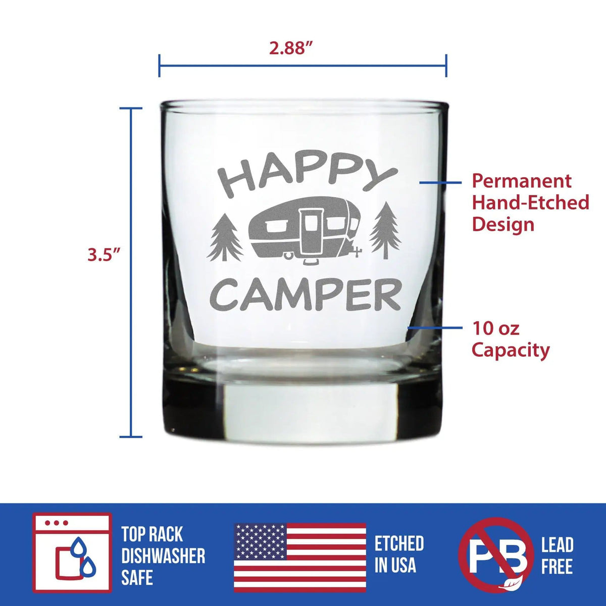 Etched Rocks Glass | 10.25 oz Whiskey Glass | Dishwasher Safe | Happy Camper