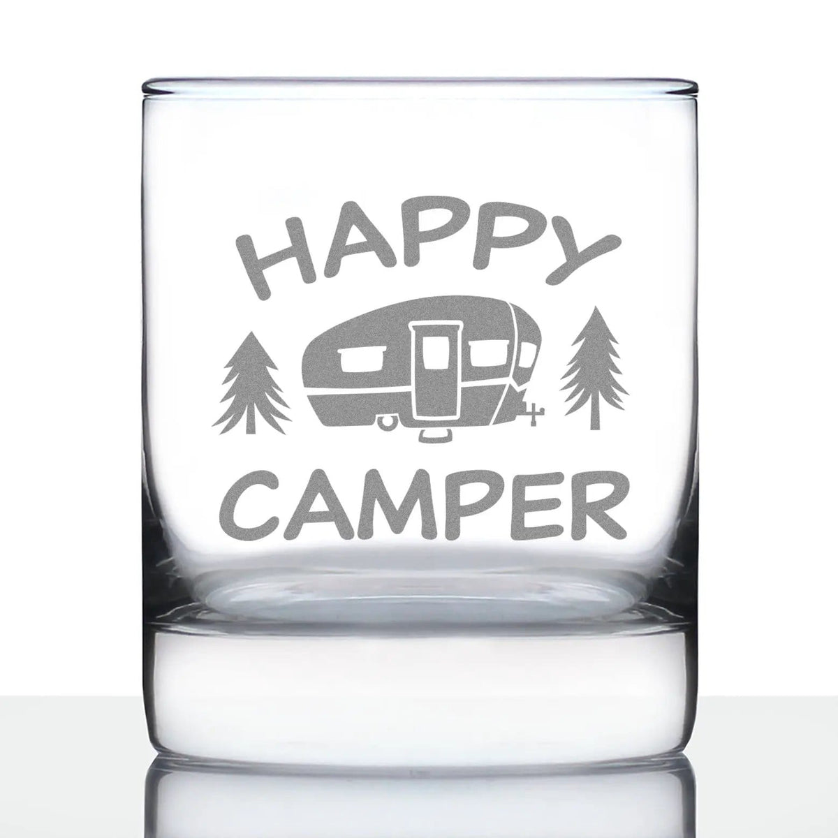Etched Rocks Glass | 10.25 oz Whiskey Glass | Dishwasher Safe | Happy Camper