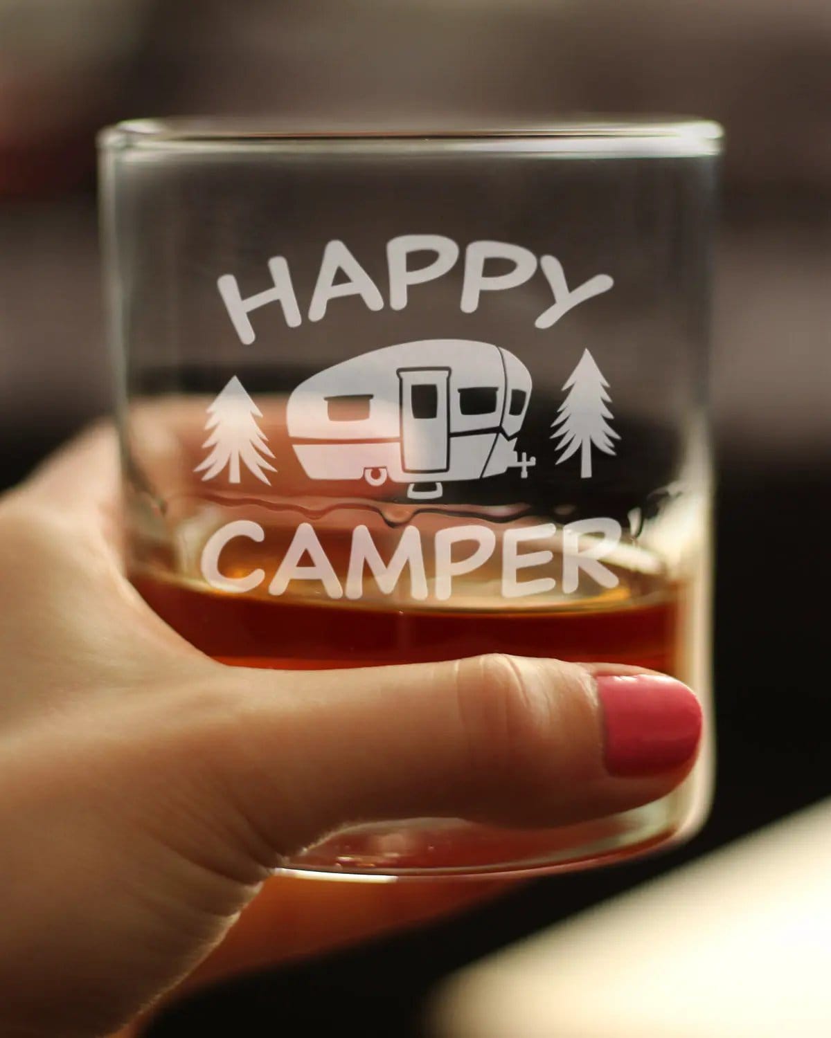 Etched Rocks Glass | 10.25 oz Whiskey Glass | Dishwasher Safe | Happy Camper