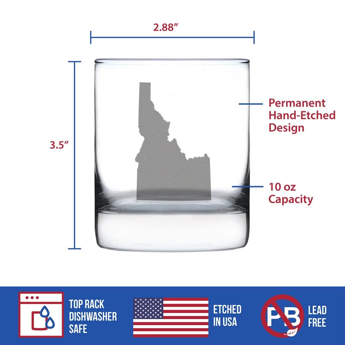 Etched Rocks Glass | 10.25 oz Whiskey Glass | Dishwasher Safe | Idaho State Outline
