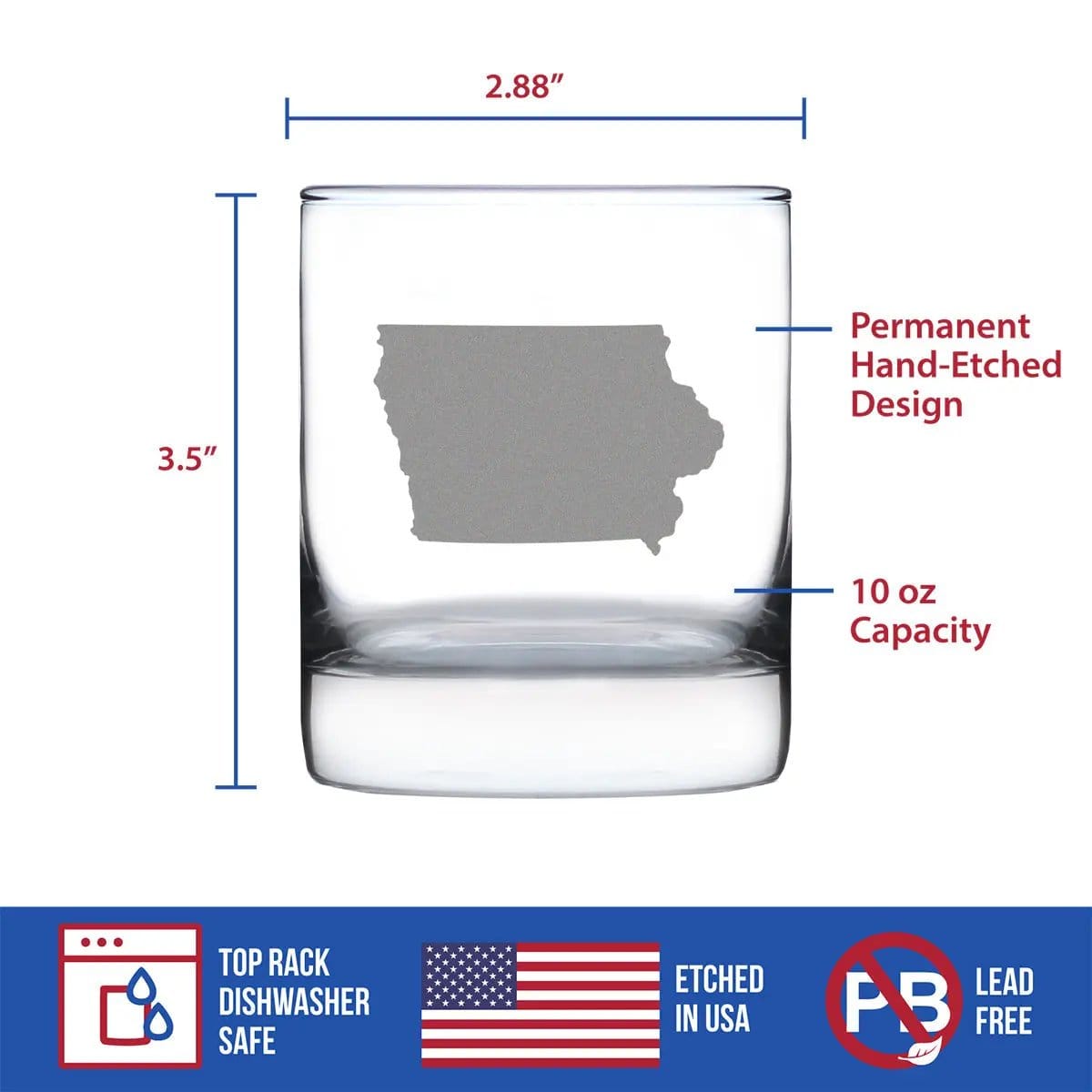 Etched Rocks Glass | 10.25 oz Whiskey Glass | Dishwasher Safe | Iowa State Outline