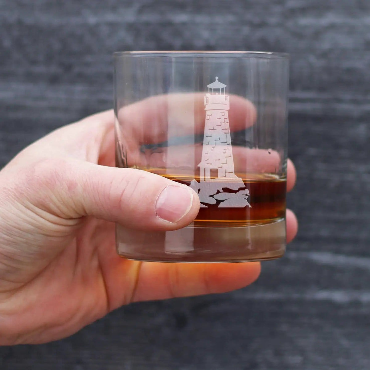 Etched Rocks Glass | 10.25 oz Whiskey Glass | Dishwasher Safe | Lighthouse