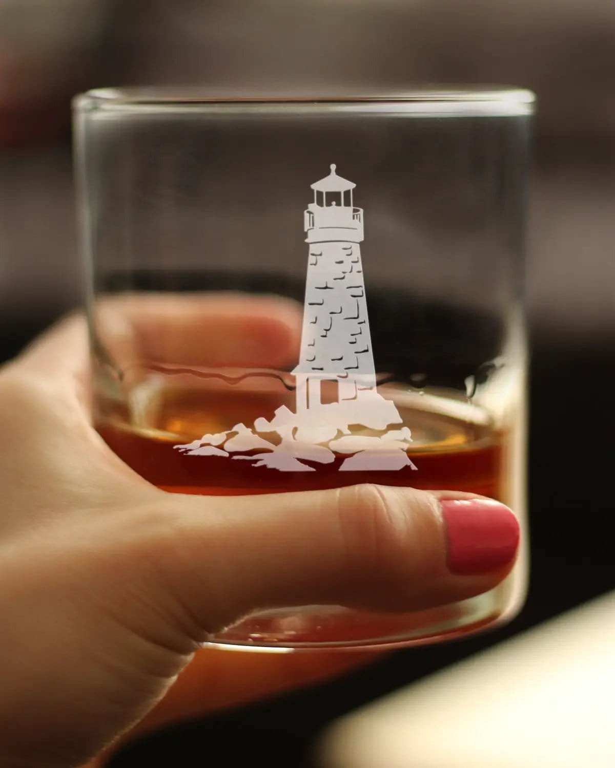 Etched Rocks Glass | 10.25 oz Whiskey Glass | Dishwasher Safe | Lighthouse