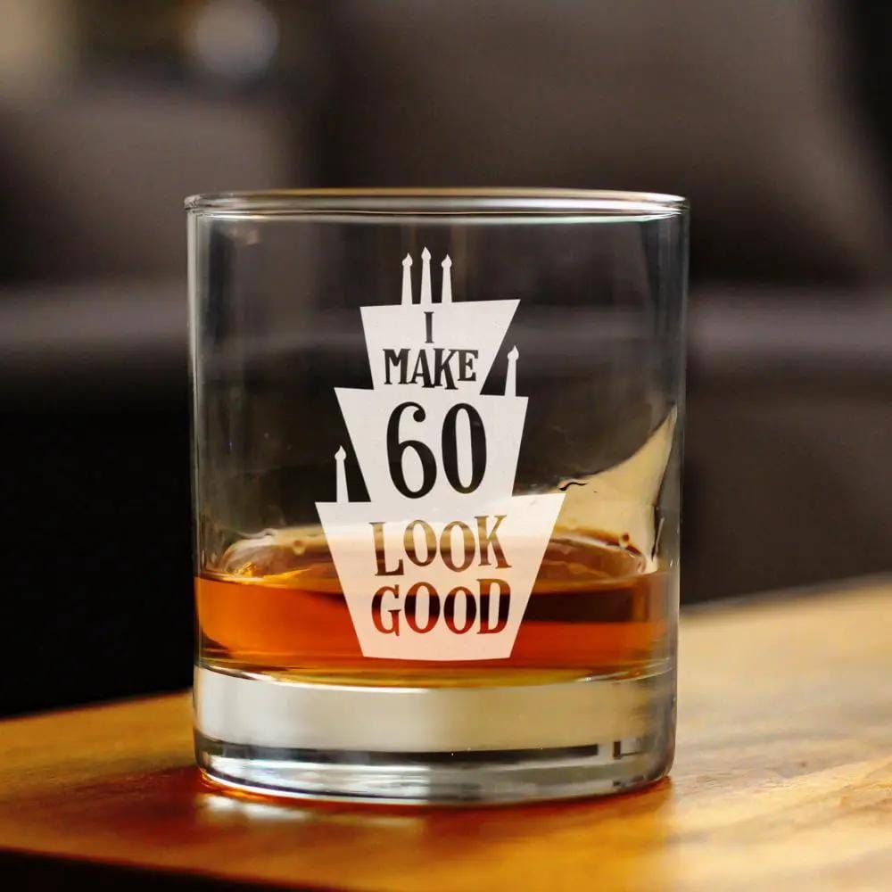 Etched Rocks Glass | 10 oz Whiskey Glass | Dishwasher Safe | Make 60 Look Good - Funny 60th Birthday