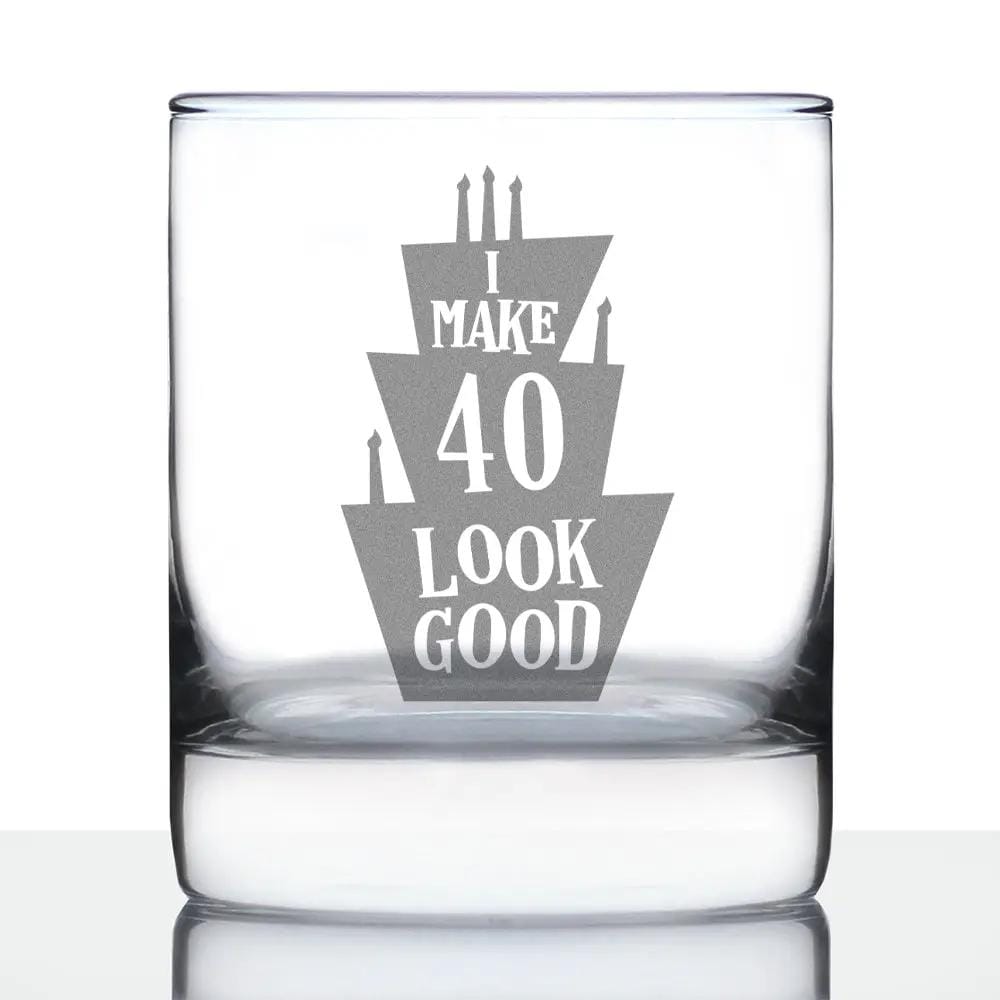 Etched Rocks Glass | 10 oz Whiskey Glass | Dishwasher Safe | Make 40 Look Good - Funny 40th Birthday