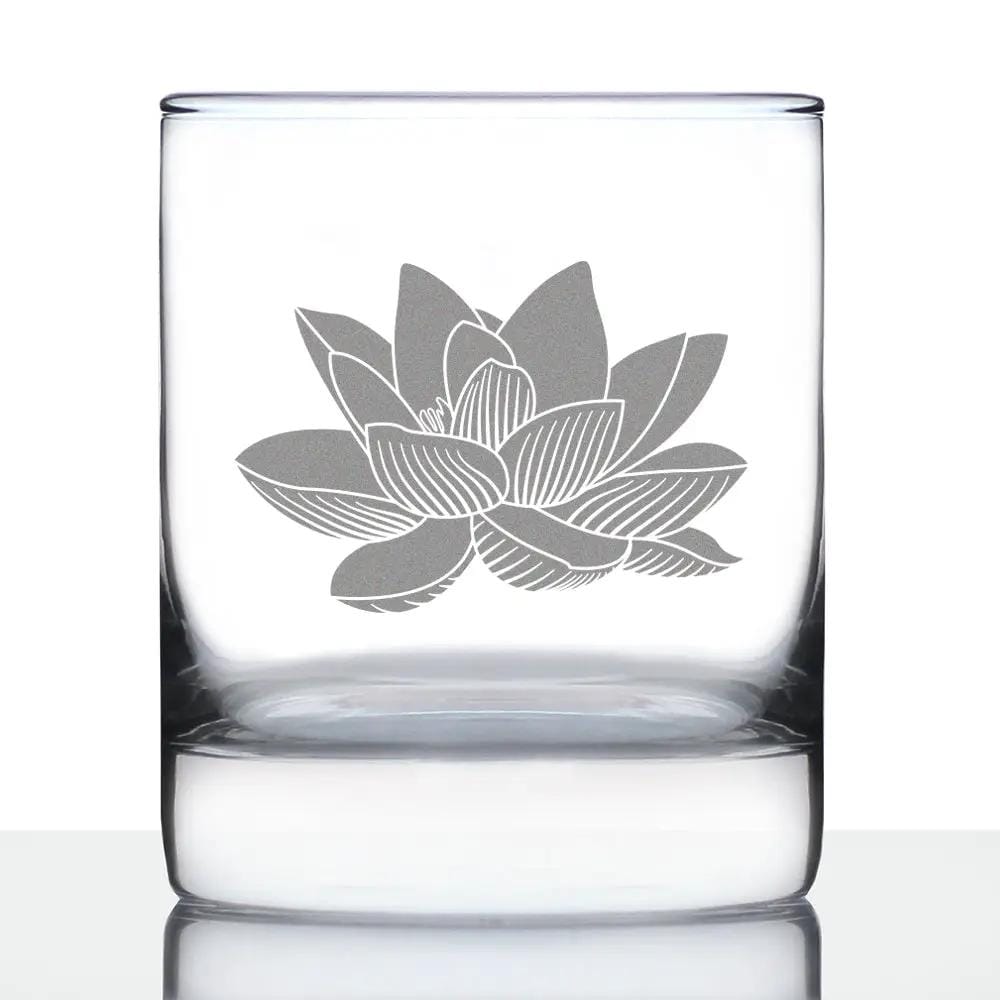 Etched Rocks Glass | 10 oz Whiskey Glass | Dishwasher Safe | Lotus Flower