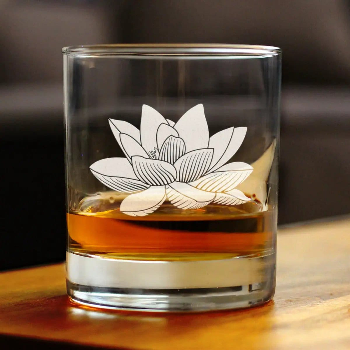 Etched Rocks Glass | 10 oz Whiskey Glass | Dishwasher Safe | Lotus Flower