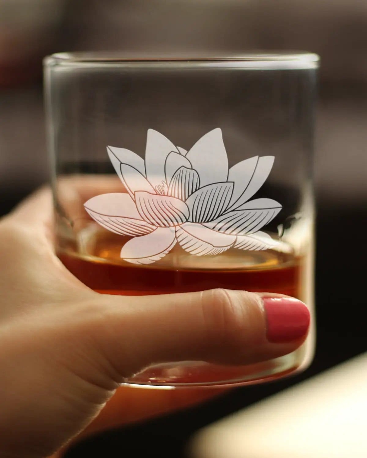 Etched Rocks Glass | 10 oz Whiskey Glass | Dishwasher Safe | Lotus Flower