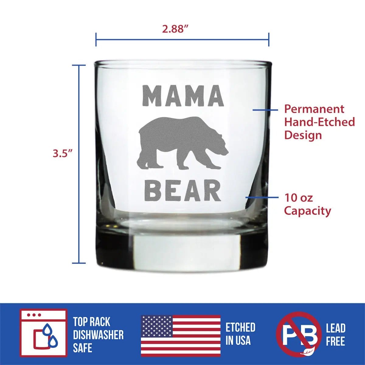 Etched Rocks Glass | 10.25 oz Whiskey Glass | Dishwasher Safe | Mama Bear