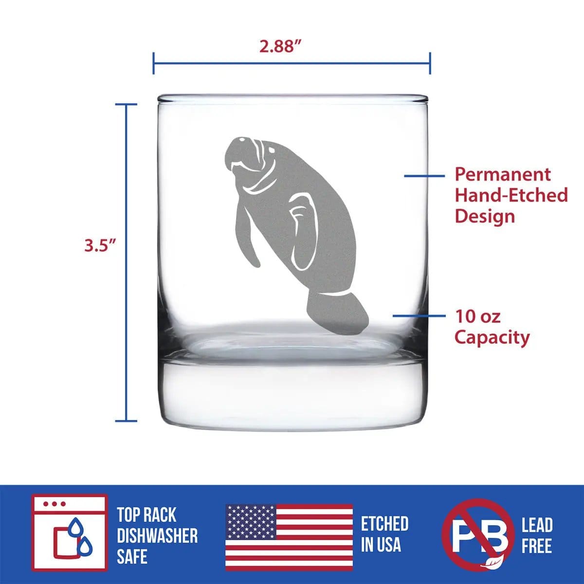 Etched Rocks Glass | 10.25 oz Whiskey Glass | Dishwasher Safe | Manatee