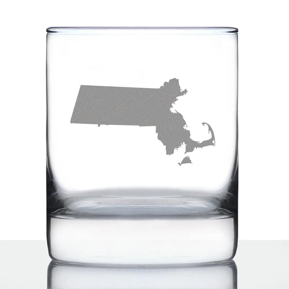 Etched Rocks Glass | 10.25 oz Whiskey Glass | Dishwasher Safe | Massachusetts State Outline