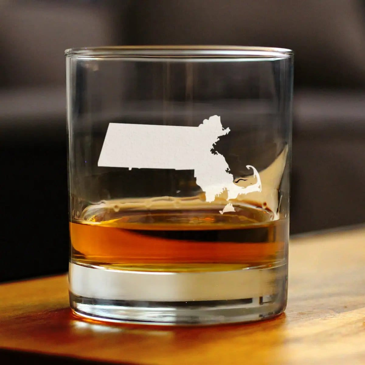 Etched Rocks Glass | 10.25 oz Whiskey Glass | Dishwasher Safe | Massachusetts State Outline