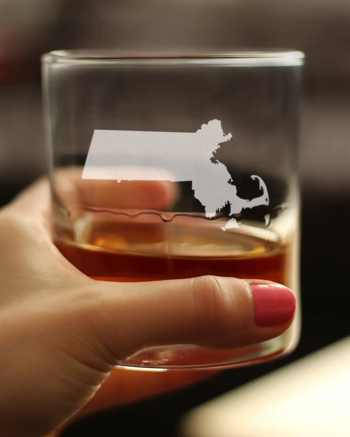 Etched Rocks Glass | 10.25 oz Whiskey Glass | Dishwasher Safe | Massachusetts State Outline