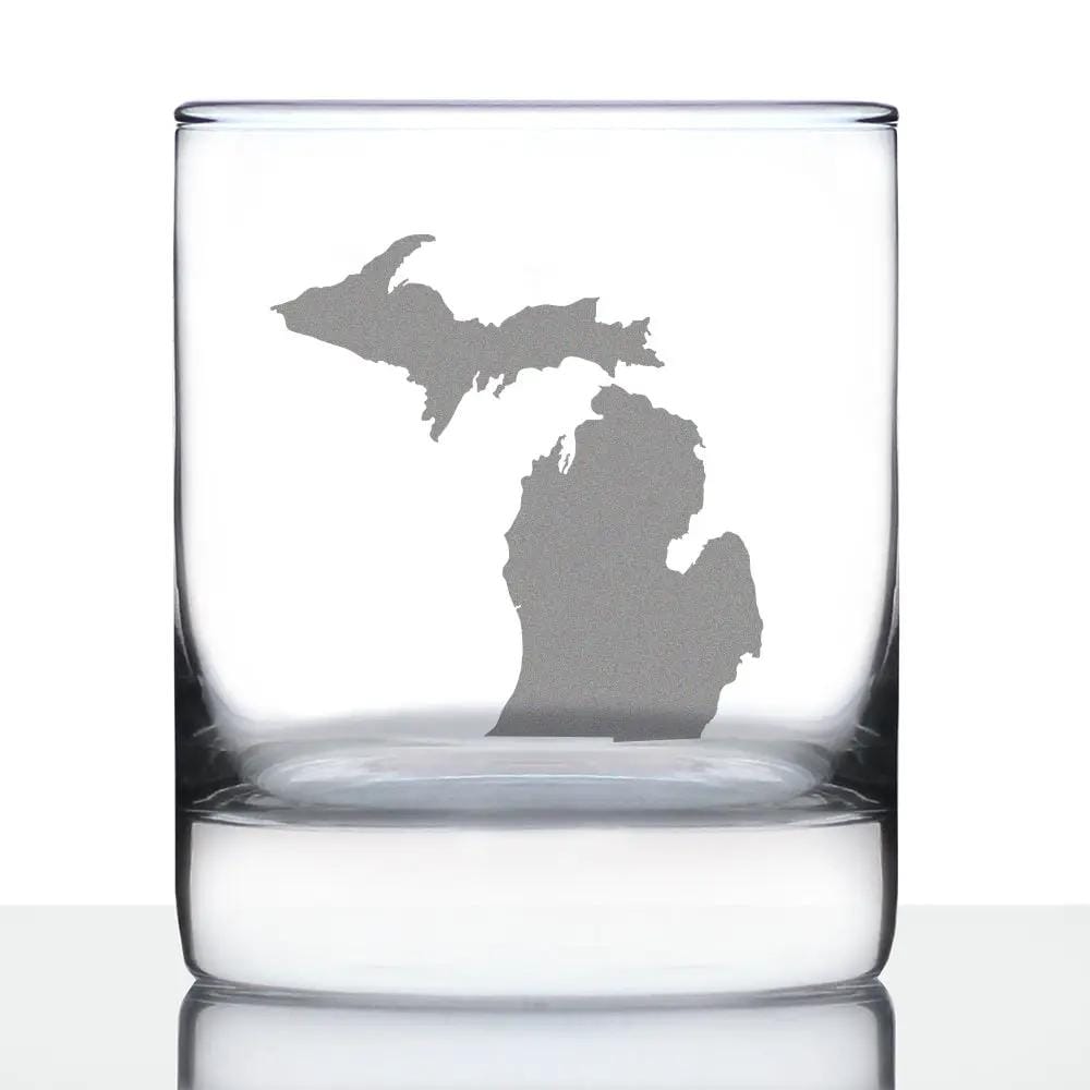 Etched Rocks Glass | 10.25 oz Whiskey Glass | Dishwasher Safe | Michigan State Outline