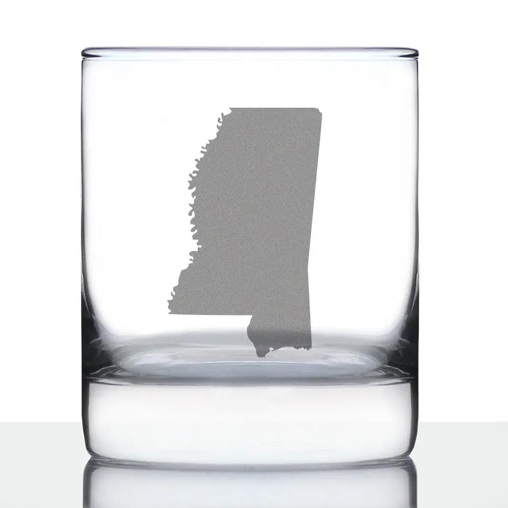 Etched Rocks Glass | 10.25 oz Whiskey Glass | Dishwasher Safe | Mississippi State Outline