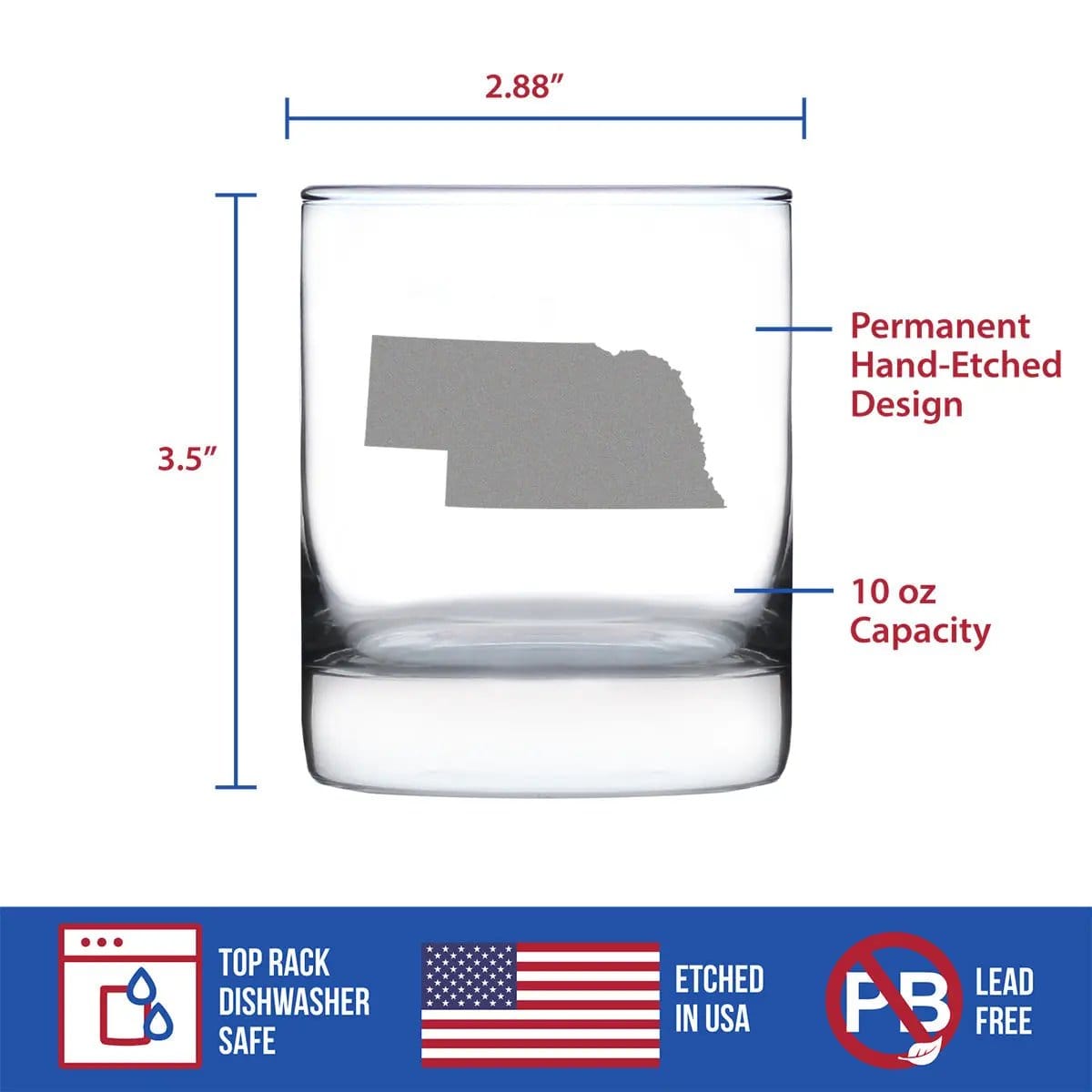 Etched Rocks Glass | 10.25 oz Whiskey Glass | Dishwasher Safe | Nebraska State Outline