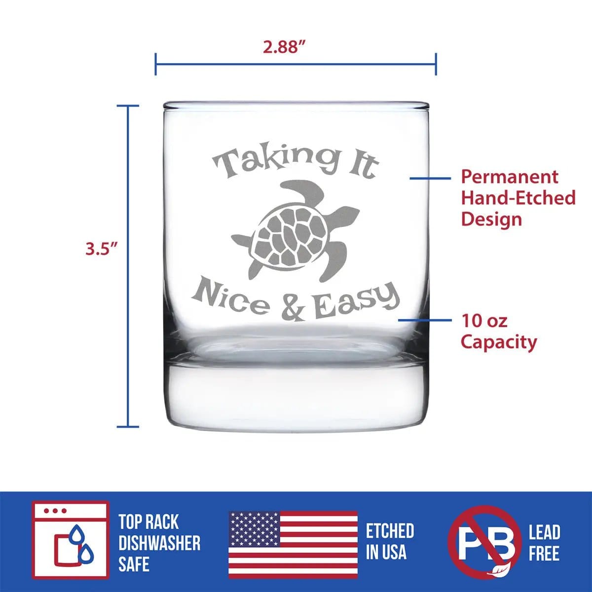 Etched Rocks Glass | 10.25 oz Whiskey Glass | Dishwasher Safe | Taking It Nice & Easy Sea Turtle