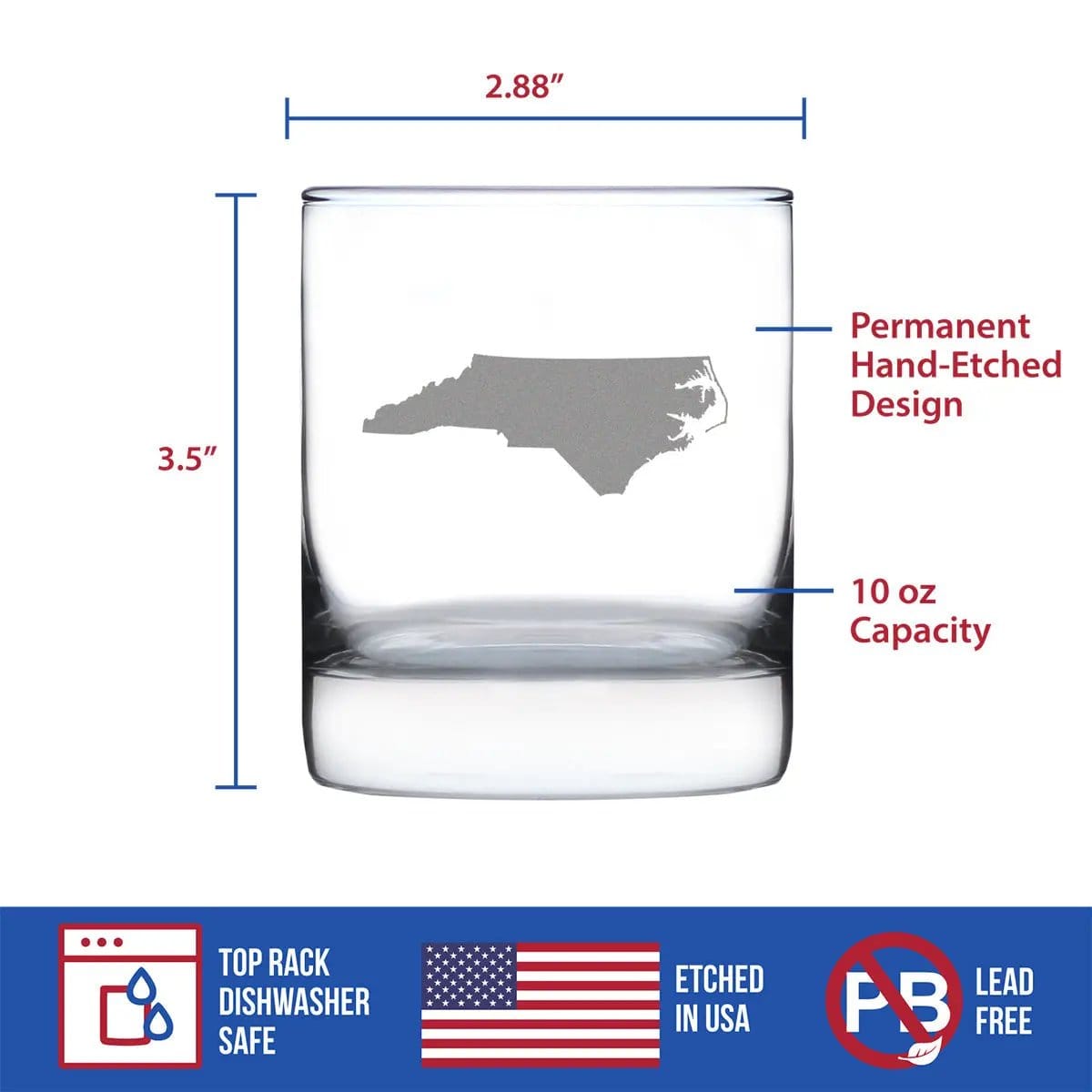 Etched Rocks Glass | 10.25 oz Whiskey Glass | Dishwasher Safe | North Carolina State Outline