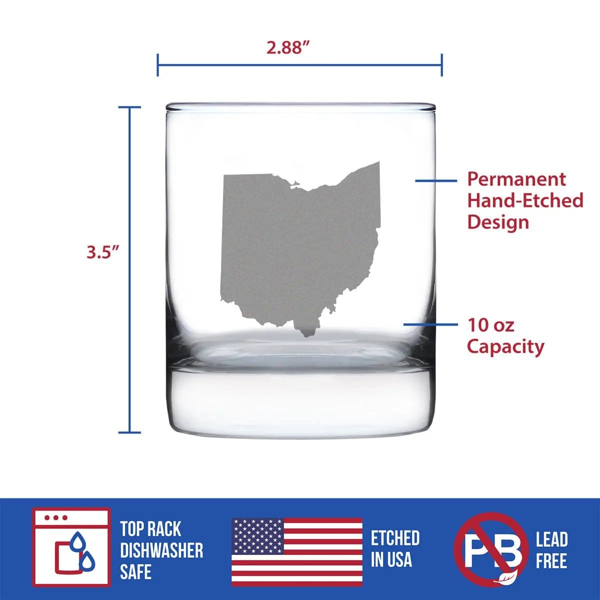 Etched Rocks Glass | 10.25 oz Whiskey Glass | Dishwasher Safe | Ohio State Outline