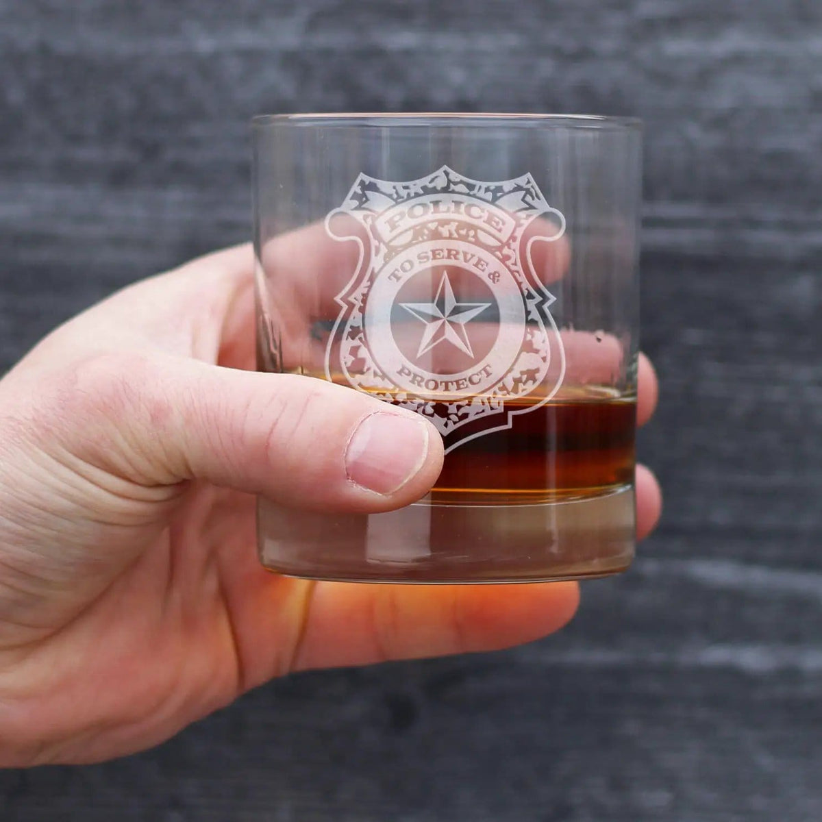 Etched Rocks Glass | 10 oz Whiskey Glass | Dishwasher Safe | Police Badge Engraved Rocks or