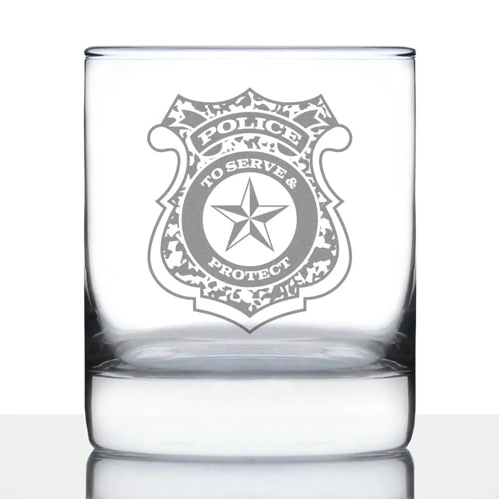 Etched Rocks Glass | 10 oz Whiskey Glass | Dishwasher Safe | Police Badge Engraved Rocks or