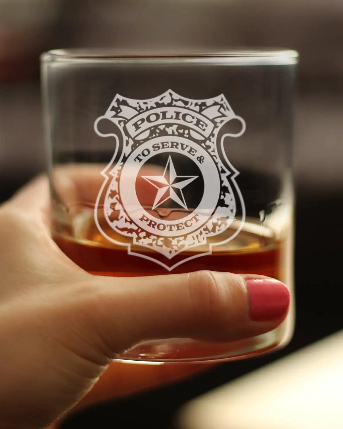 Etched Rocks Glass | 10 oz Whiskey Glass | Dishwasher Safe | Police Badge Engraved Rocks or