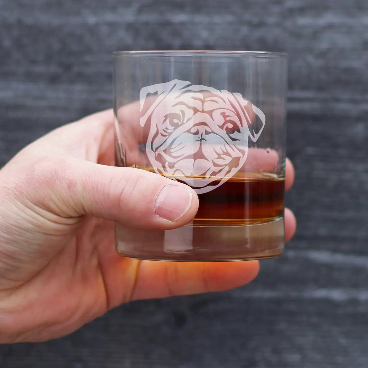 Etched Rocks Glass | 10.25 oz Whiskey Glass | Dishwasher Safe | Happy Pug