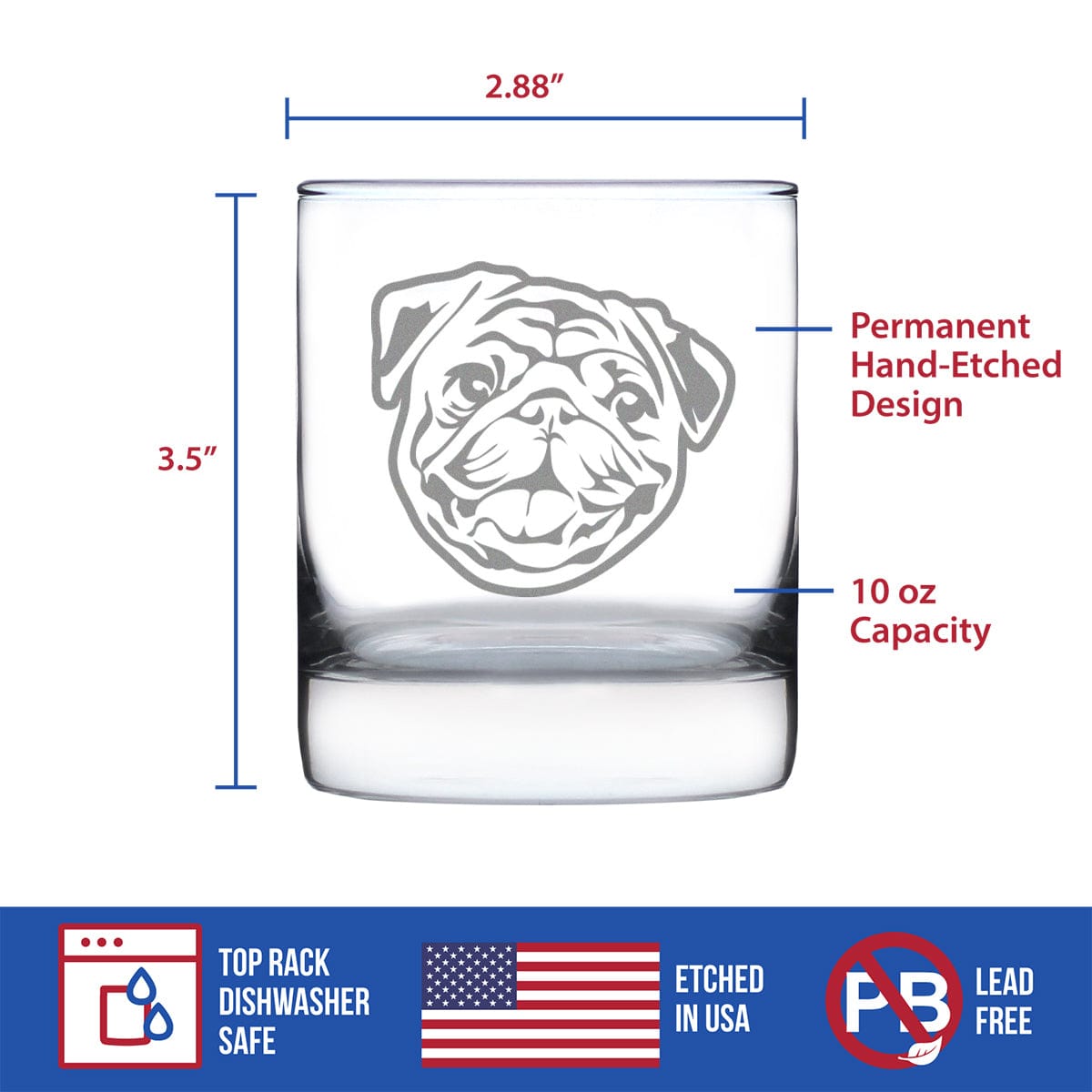 Etched Rocks Glass | 10.25 oz Whiskey Glass | Dishwasher Safe | Happy Pug