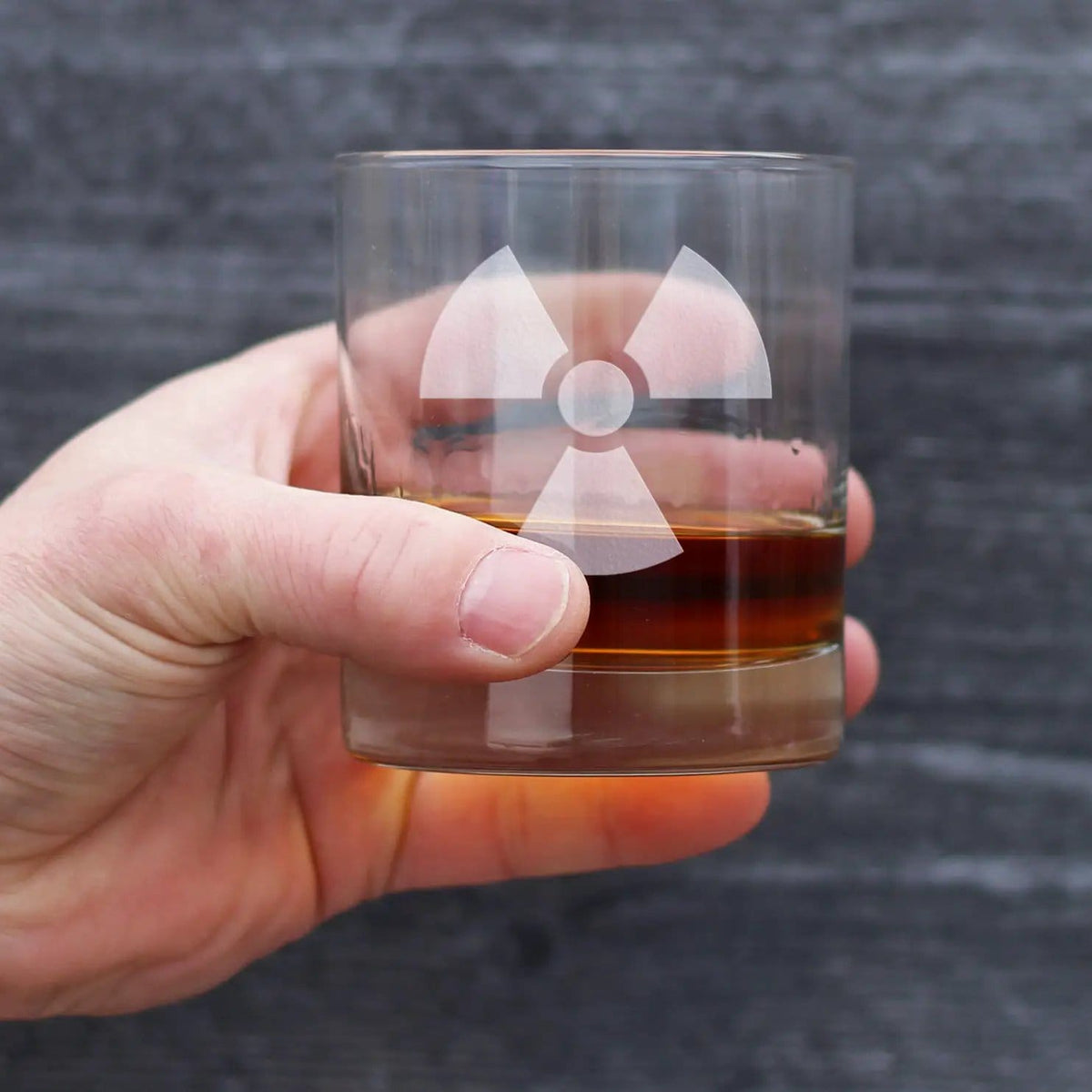 Etched Rocks Glass | 10 oz Whiskey Glass | Dishwasher Safe | Radiation Symbol