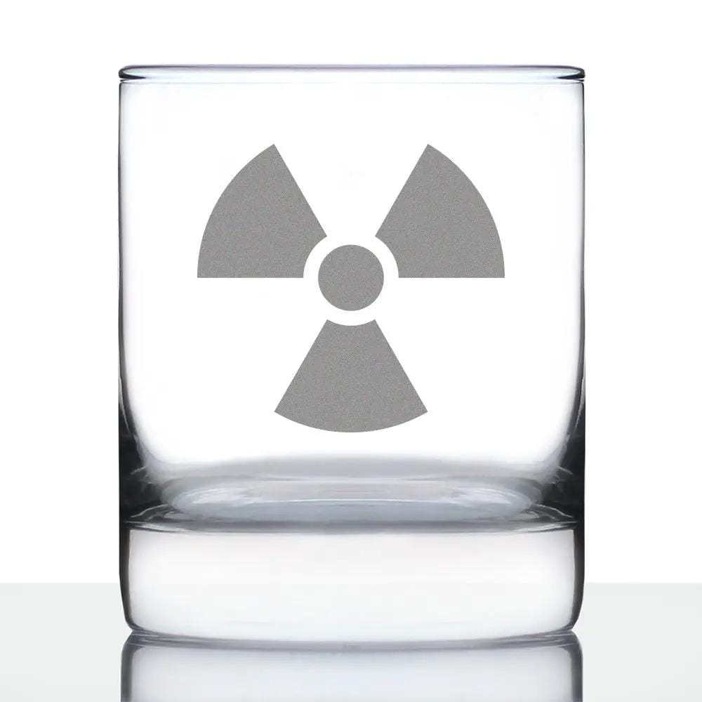 Etched Rocks Glass | 10 oz Whiskey Glass | Dishwasher Safe | Radiation Symbol