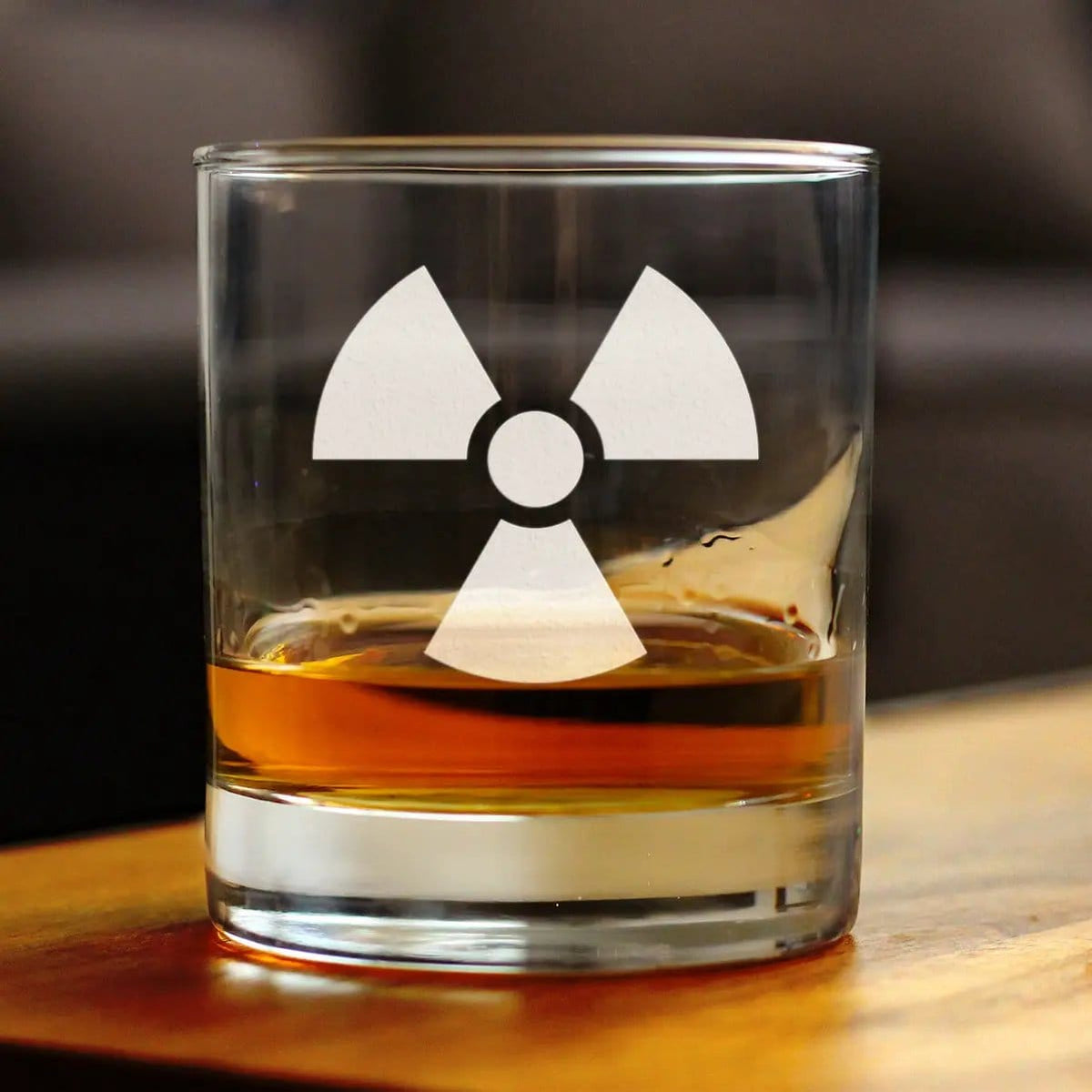 Etched Rocks Glass | 10 oz Whiskey Glass | Dishwasher Safe | Radiation Symbol