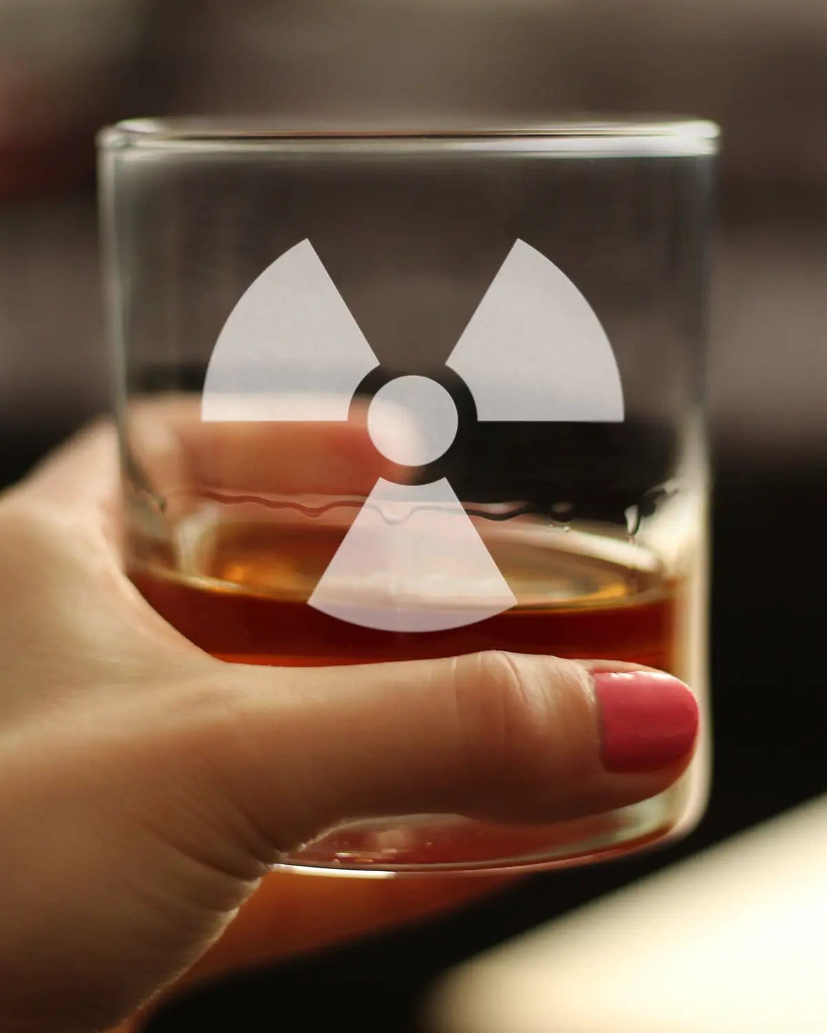 Etched Rocks Glass | 10 oz Whiskey Glass | Dishwasher Safe | Radiation Symbol