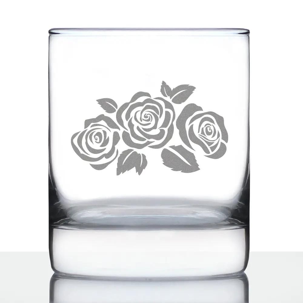 Etched Rocks Glass | 10 oz Whiskey Glass | Dishwasher Safe | Roses