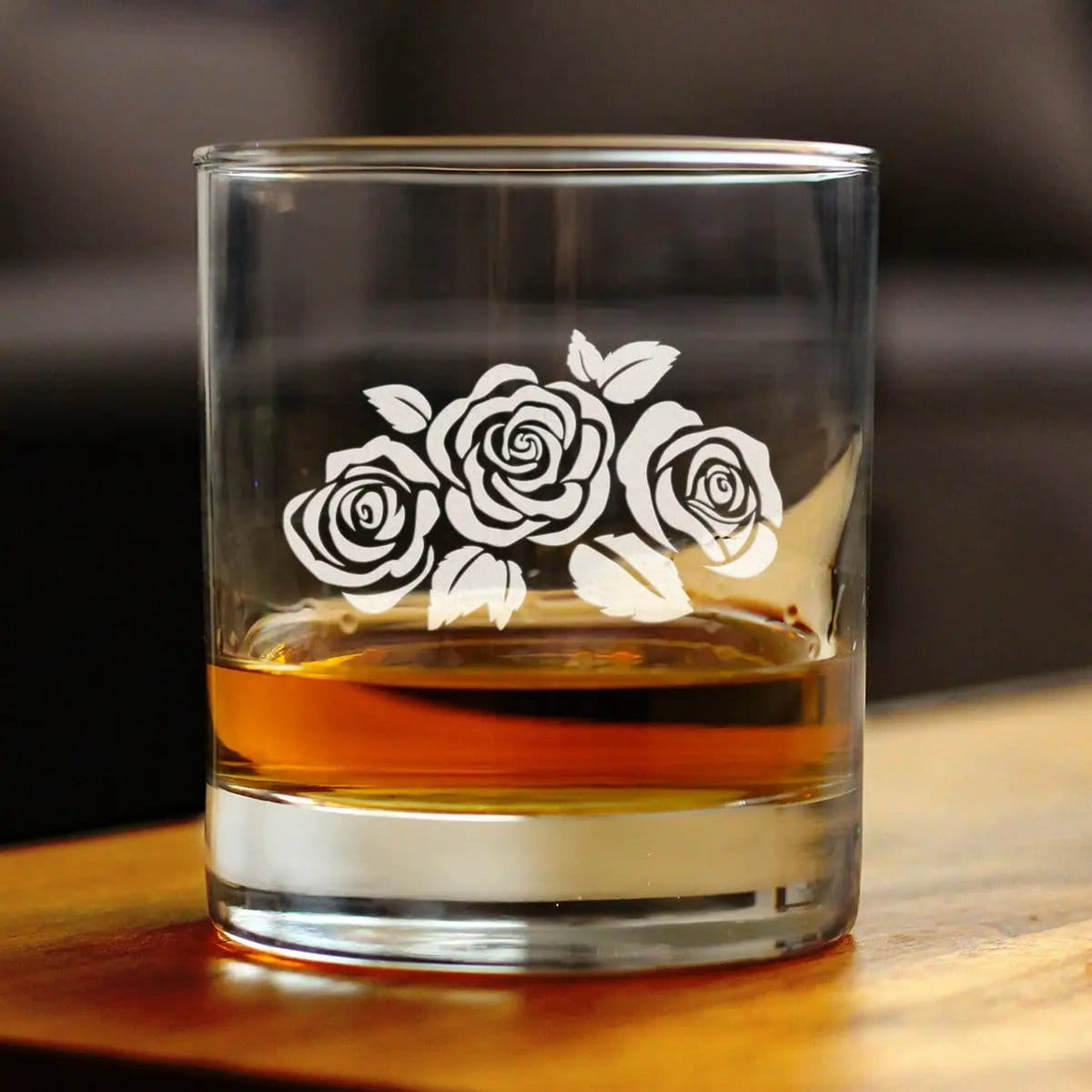 Etched Rocks Glass | 10 oz Whiskey Glass | Dishwasher Safe | Roses