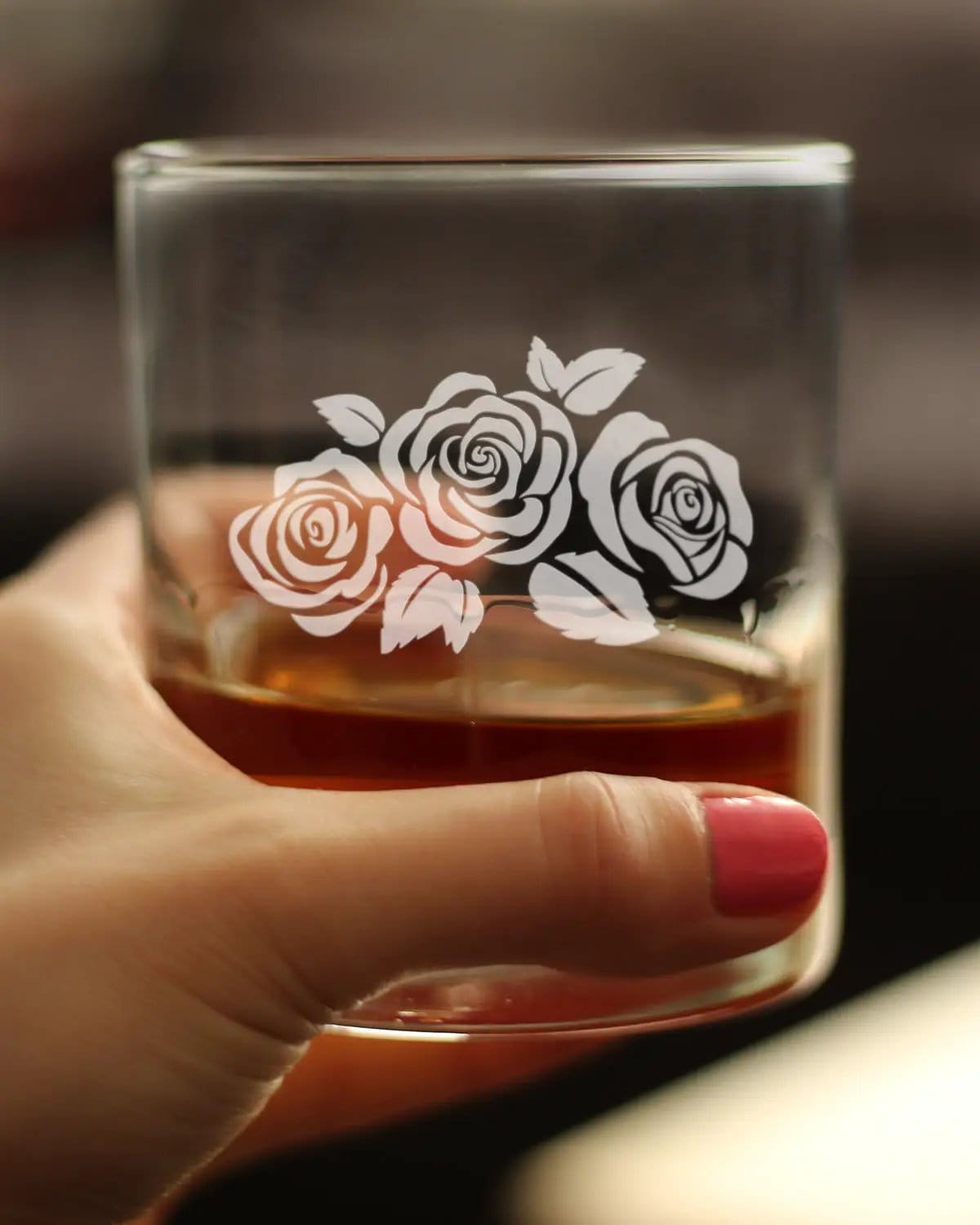 Etched Rocks Glass | 10 oz Whiskey Glass | Dishwasher Safe | Roses
