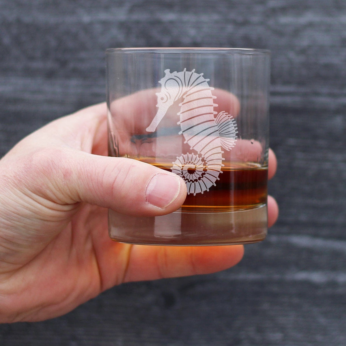 Etched Rocks Glass | 10.25 oz Whiskey Glass | Dishwasher Safe | Seahorse