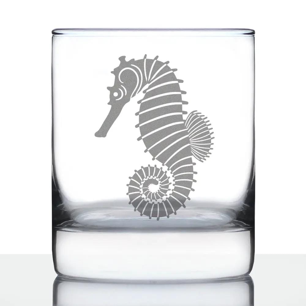 Etched Rocks Glass | 10.25 oz Whiskey Glass | Dishwasher Safe | Seahorse