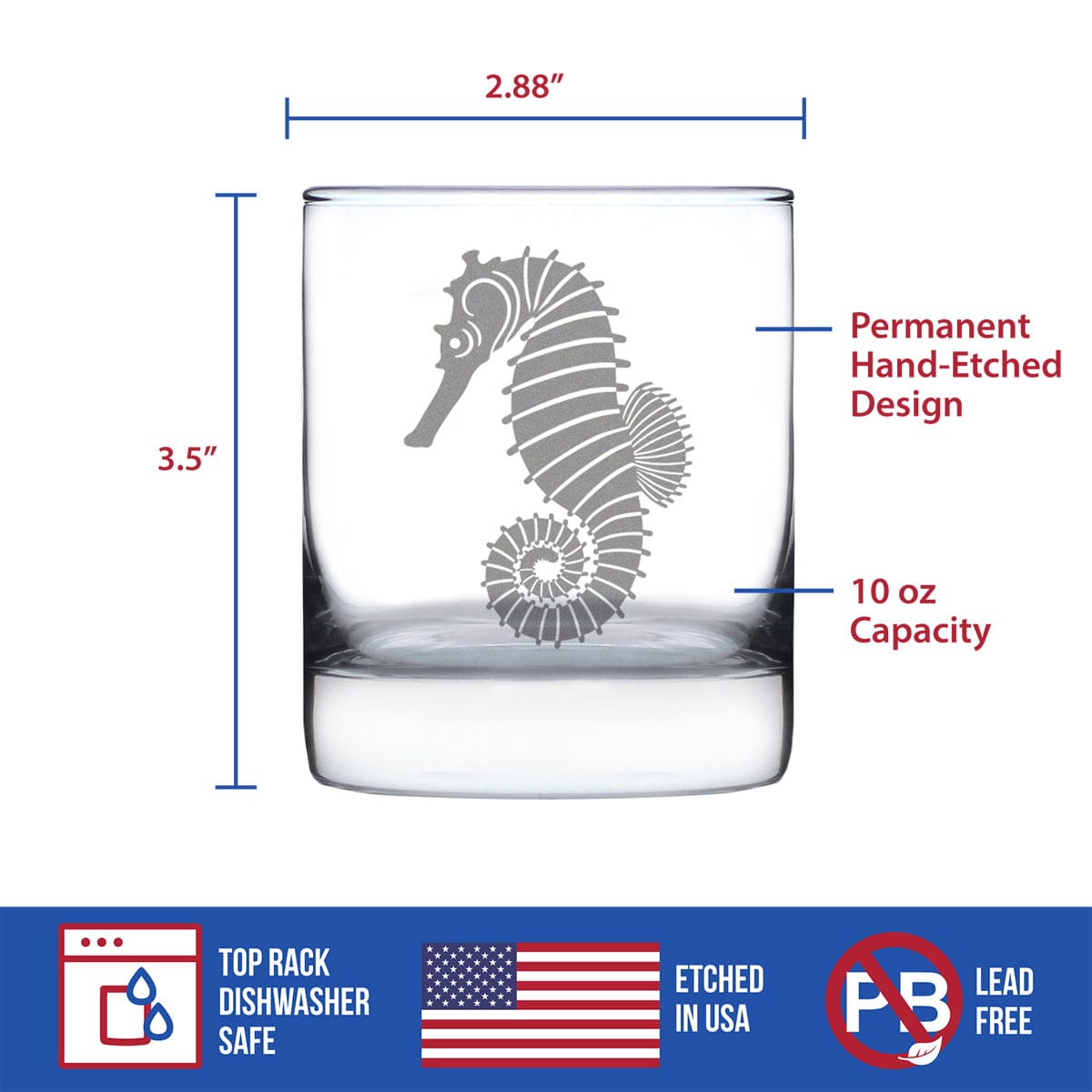 Etched Rocks Glass | 10.25 oz Whiskey Glass | Dishwasher Safe | Seahorse
