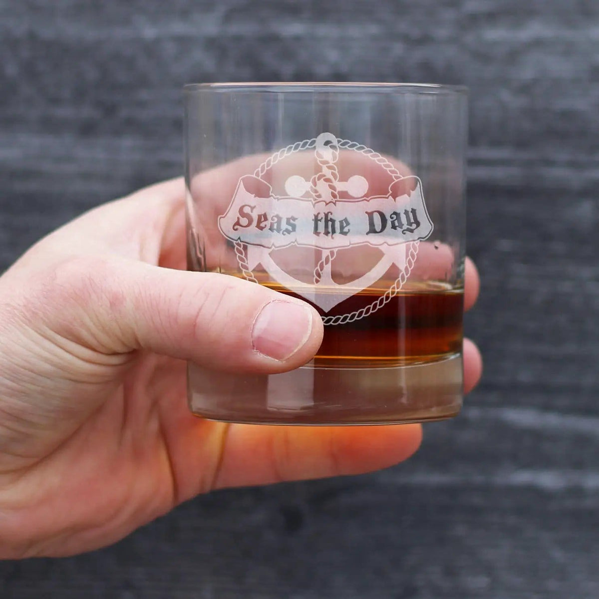 Etched Rocks Glass | 10 oz Whiskey Glass | Dishwasher Safe | Seas the Day