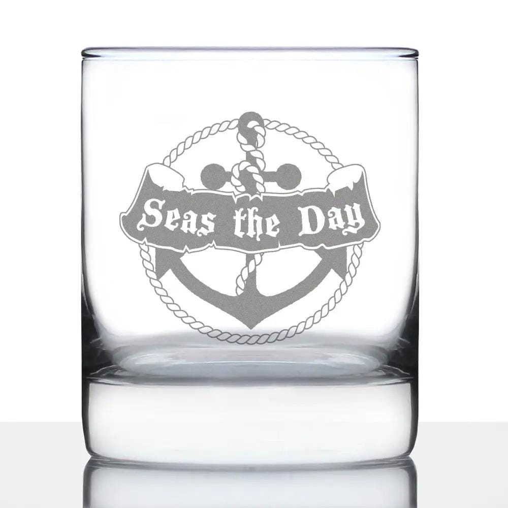 Etched Rocks Glass | 10 oz Whiskey Glass | Dishwasher Safe | Seas the Day
