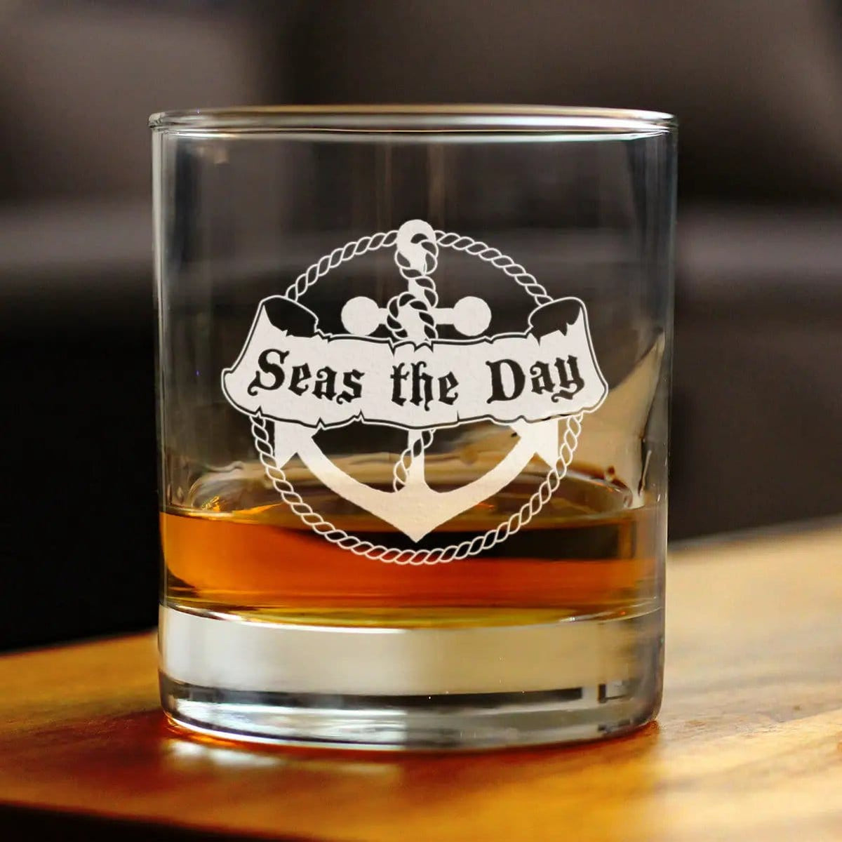 Etched Rocks Glass | 10 oz Whiskey Glass | Dishwasher Safe | Seas the Day