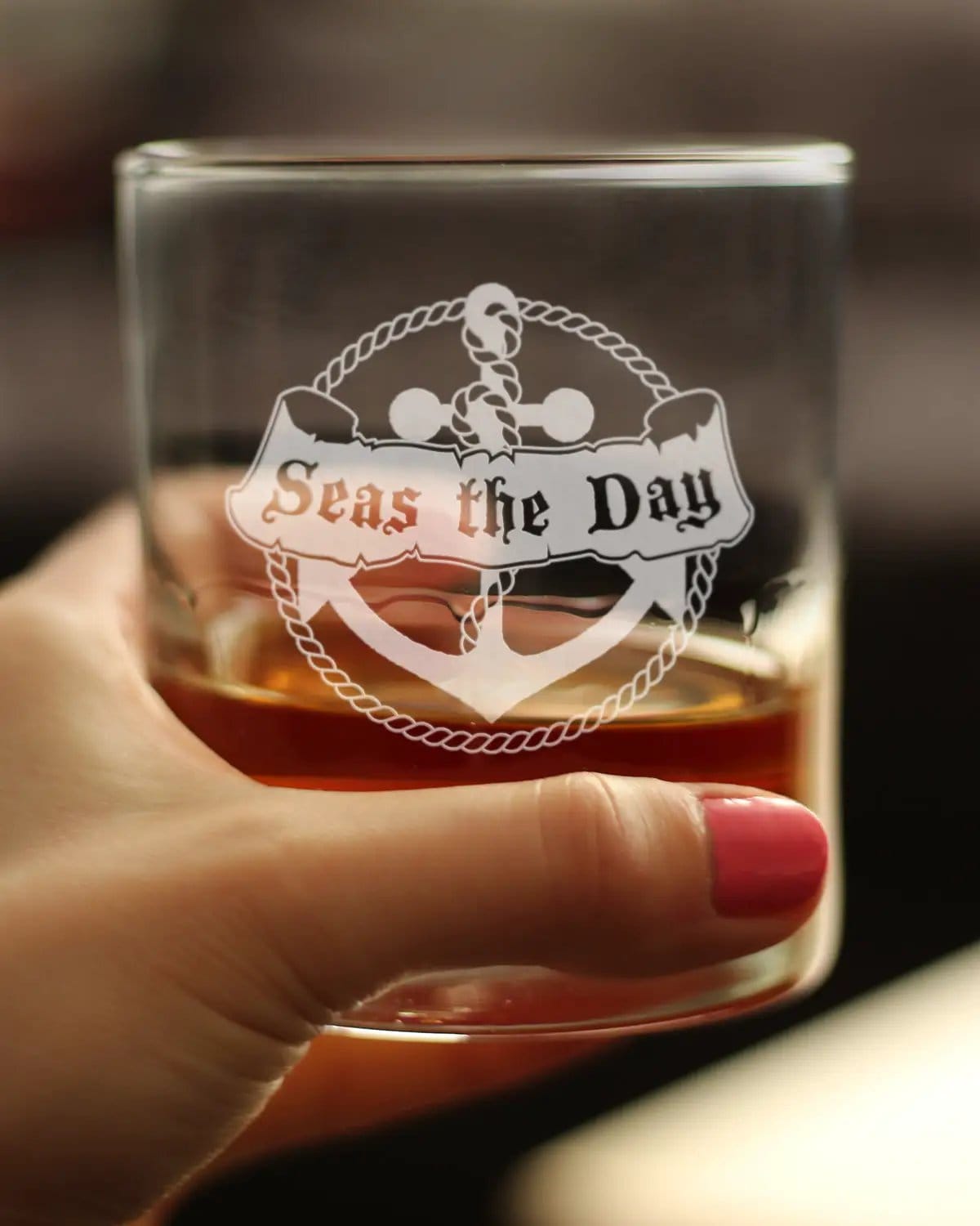 Etched Rocks Glass | 10 oz Whiskey Glass | Dishwasher Safe | Seas the Day