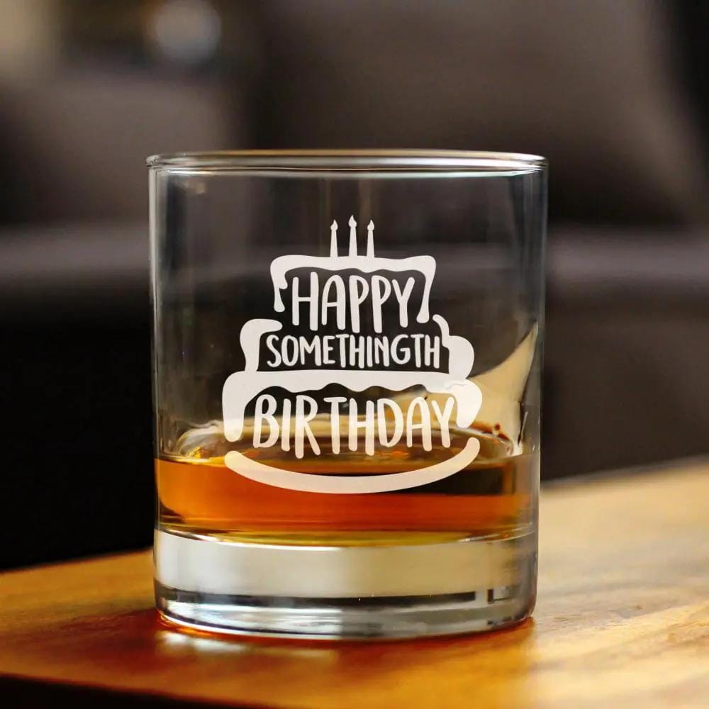 Etched Rocks Glass | 10 oz Whiskey Glass | Dishwasher Safe | Happy Somethingth Birthday