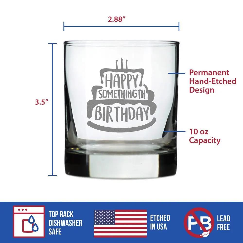 Etched Rocks Glass | 10 oz Whiskey Glass | Dishwasher Safe | Happy Somethingth Birthday