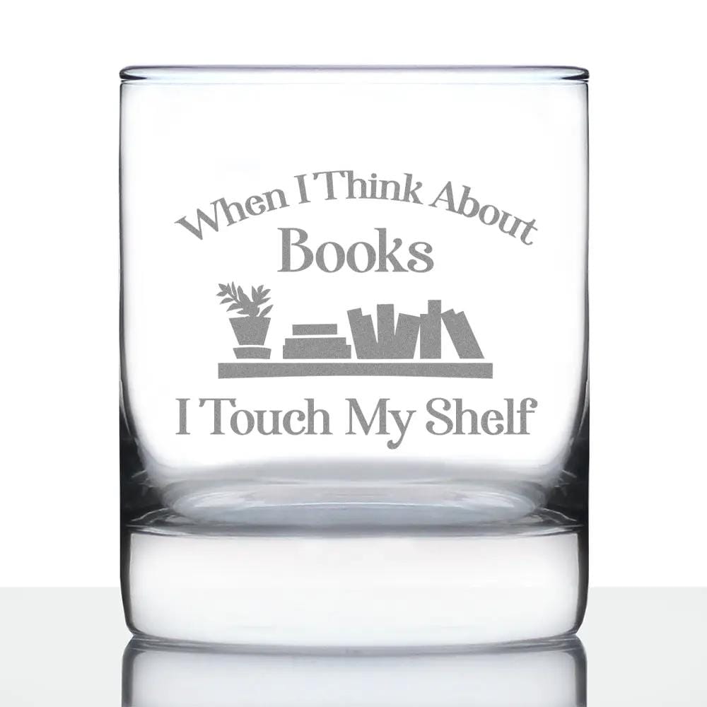 Etched Stemless Wine Glass | 17 oz | Dishwasher Safe | When I Think About Books I Touch My Shelf - Engraved