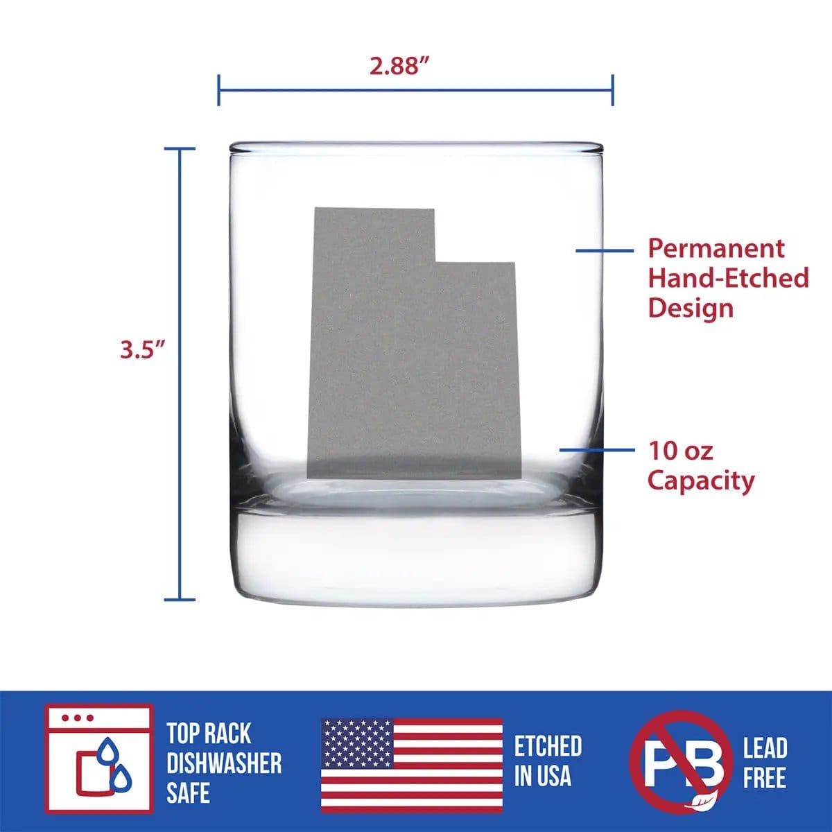 Etched Rocks Glass | 10.25 oz Whiskey Glass | Dishwasher Safe | Utah State Outline