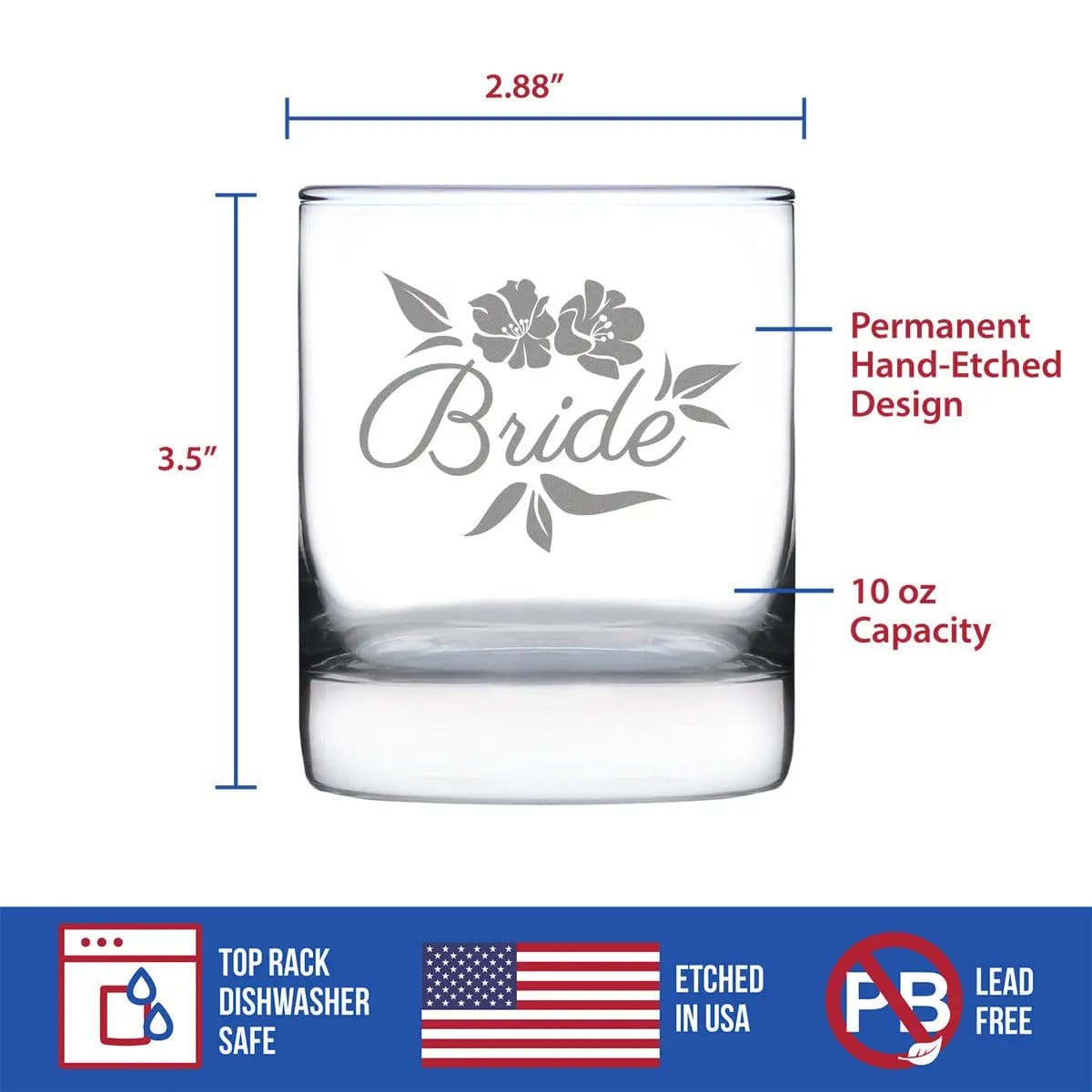 Etched Rocks Glass | 10 oz Whiskey Glass | Dishwasher Safe | Bride Old Fashioned
